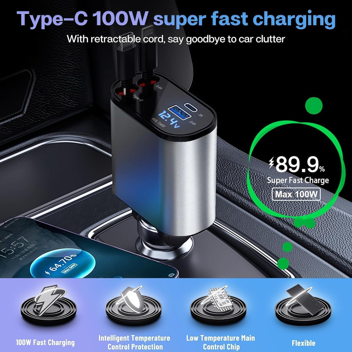 ავტომობილის სწრაფი დამტენი 4-1 ში (100W)